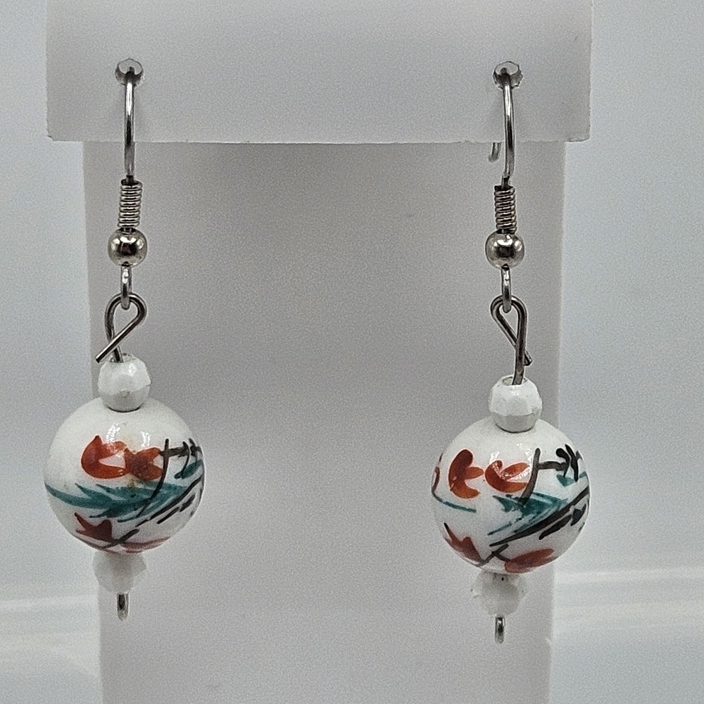 VINTAGE Chinese Lantern Painted Glass Dangle Earrings French Hook